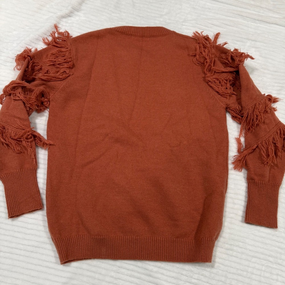 Vine & Love Rust Orange Fringe Sleeve Crewneck Sweater Womens Large - Picture 7 of 7